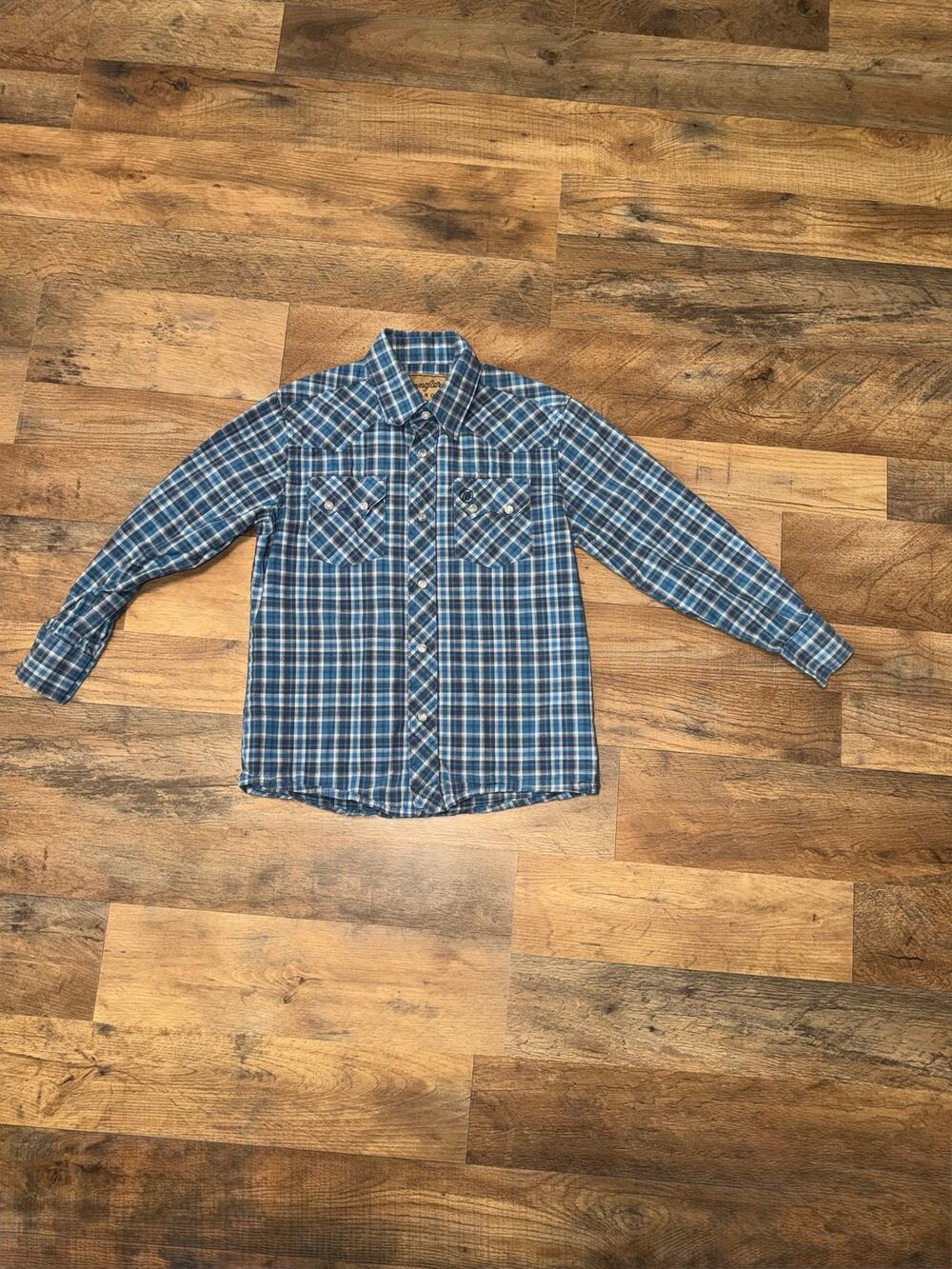 Wrangler retro kids western blue plaid pattern long sleeve pearl snap buttons